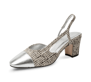 Two Tone Silver Toe Block Heel Slingback Sandals - Kaitlyn Pan Shoes