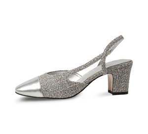 Two Tone Silver Toe Block Heel Slingback Sandals - Kaitlyn Pan Shoes